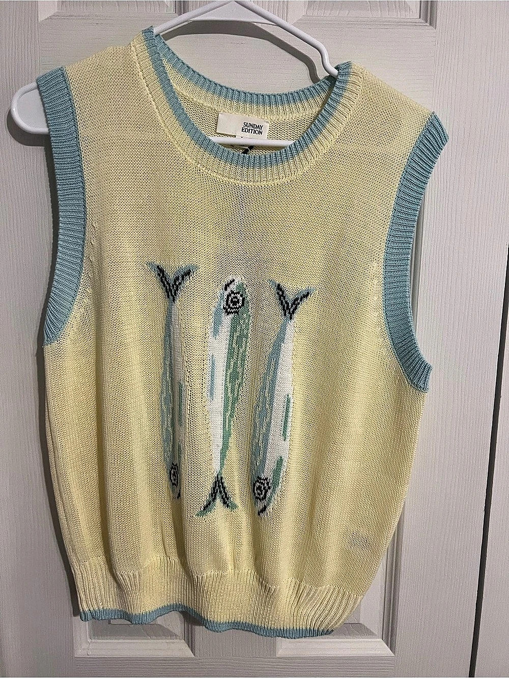 Sunday Edition Round Neck Fish Graphic Sweater Vest Yellow & Blue